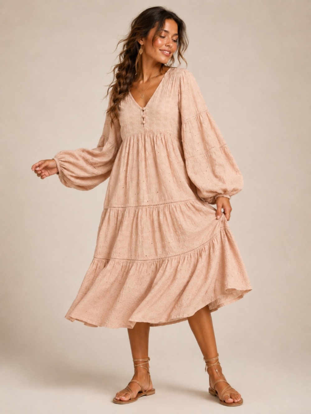 ASOS DESIGN Blush Embroidered Eyelet Tiered Midi Dress Sz 6